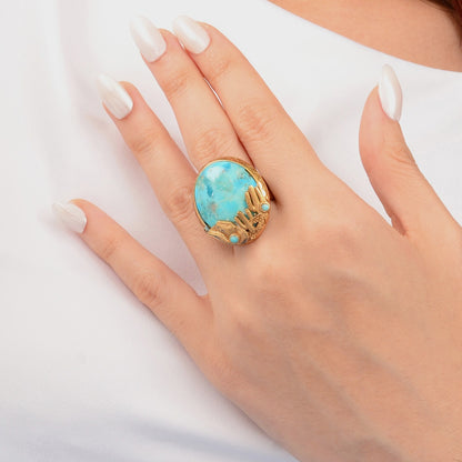 Saguaro Cactus Blue Turquoise Golden Statement Ring