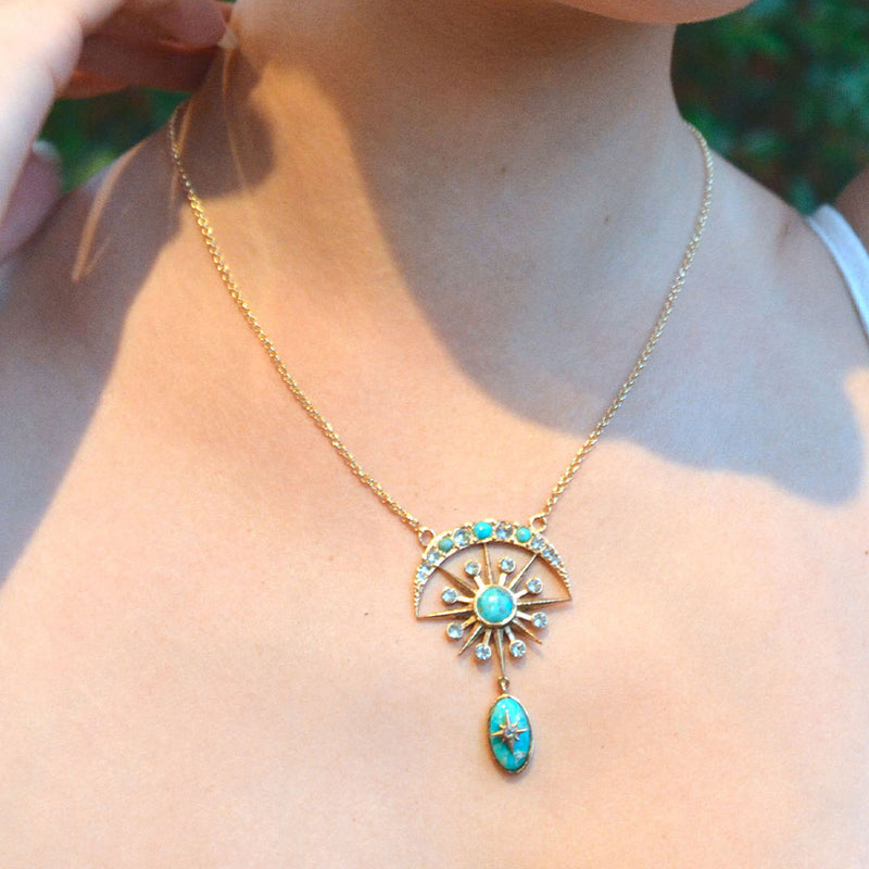 Celestial Blue Turquoise Golden Drop Necklace