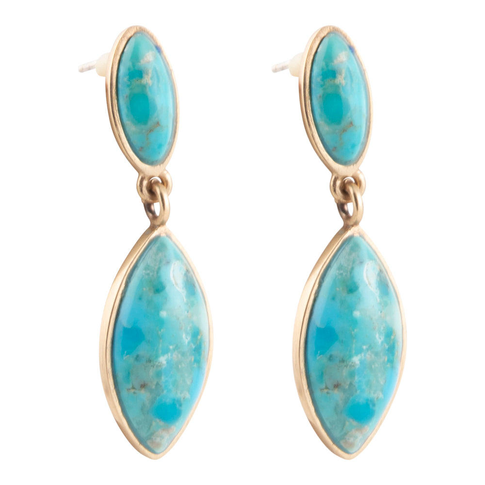 Turquoise earrings with gold accents on a white background