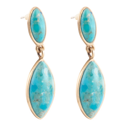 Turquoise earrings with gold accents on a white background