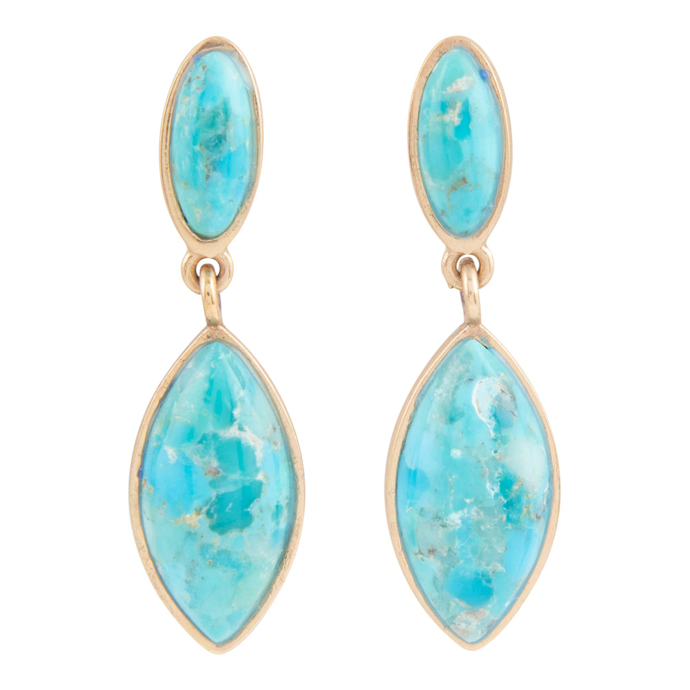 Turquoise stone earrings with gold accents on a white background