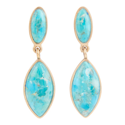 Turquoise stone earrings with gold accents on a white background