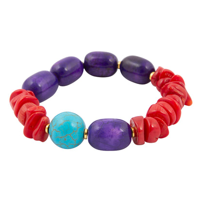 Bracelet with purple, red, and turquoise beads on a white background