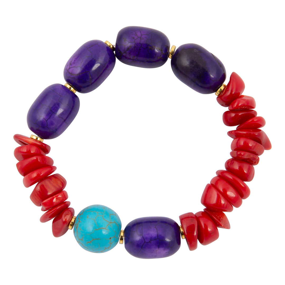 Bracelet with purple, red, and turquoise beads on a white background