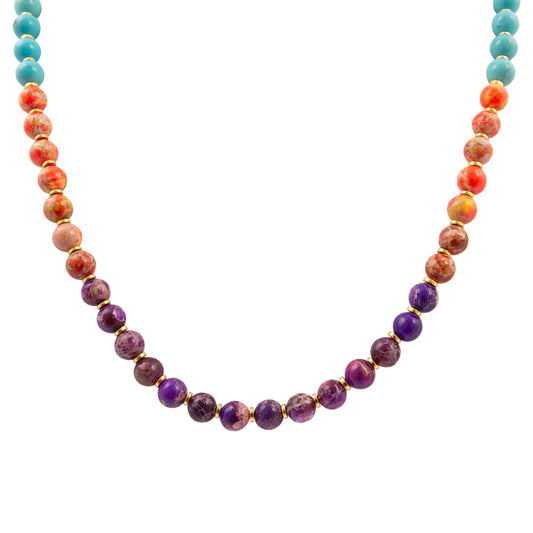 Necklace with multicolored beads on a white background