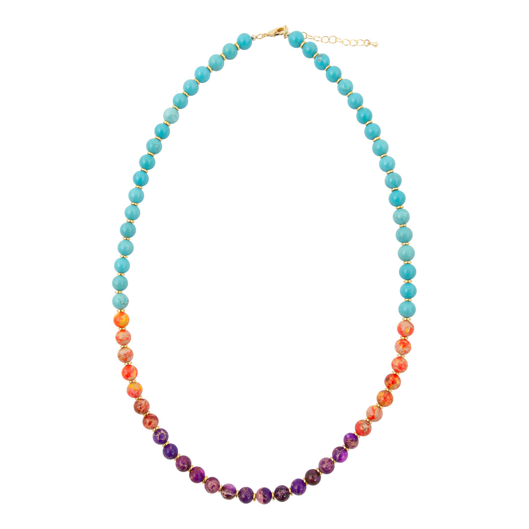 Necklace with multicolored beads on a white background
