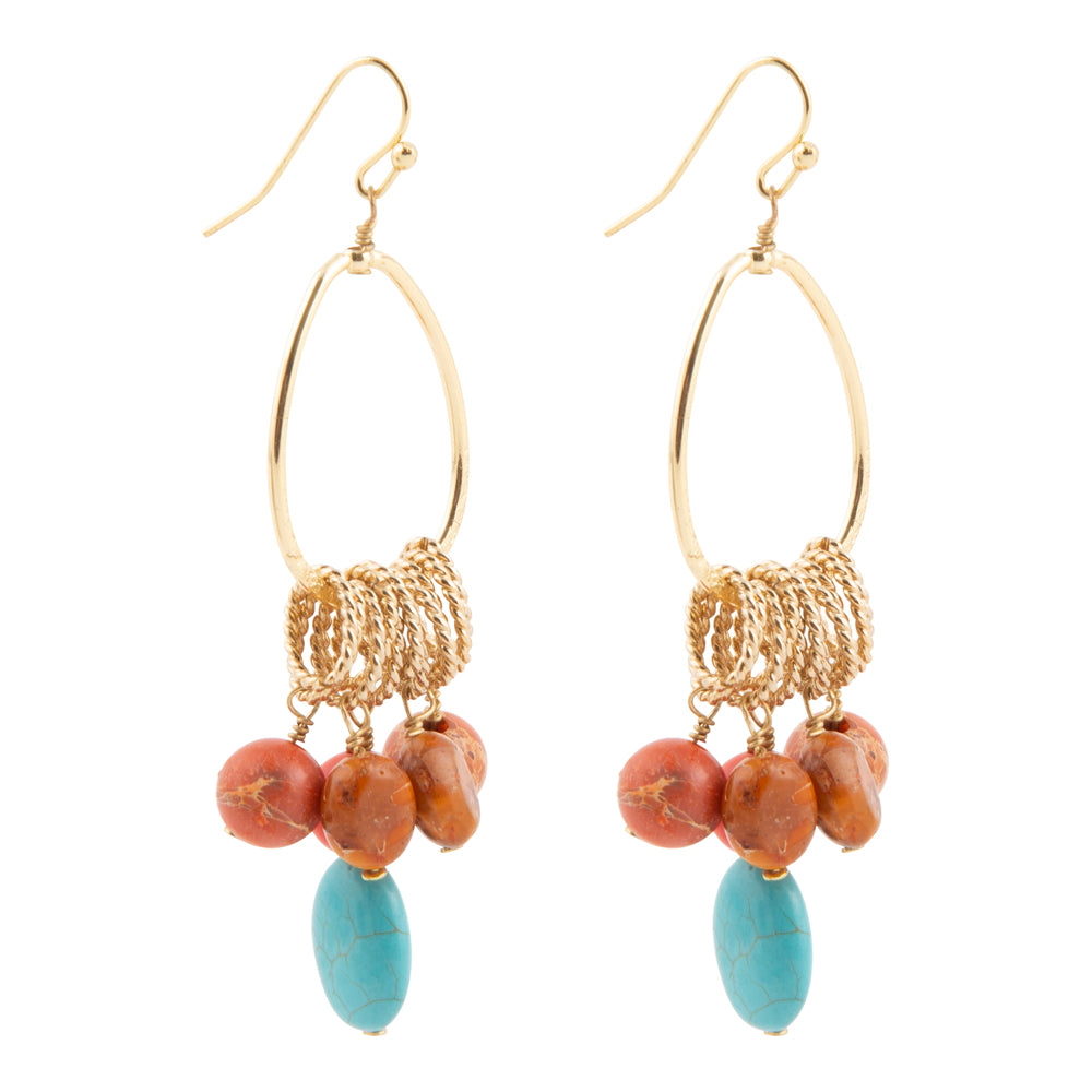 Canyon Blue Magnesite and Orange Jasper Golden Chandelier Earrings