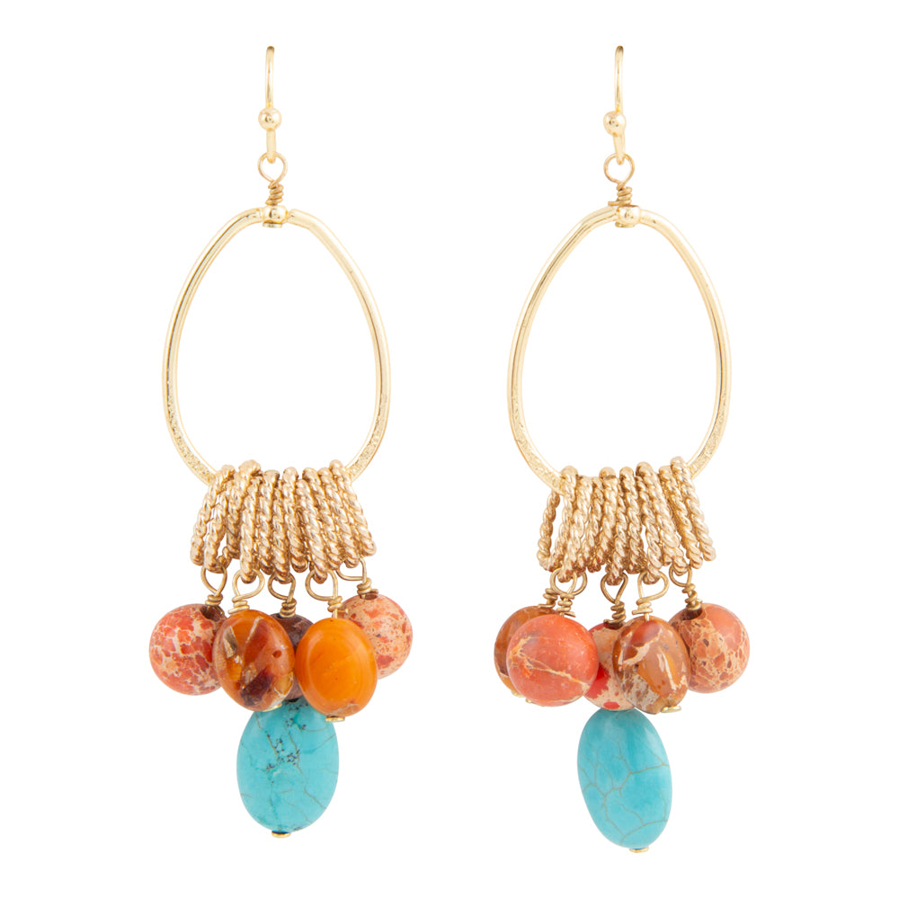 Canyon Blue Magnesite and Orange Jasper Golden Chandelier Earrings
