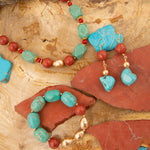Canyon Blue Magnesite and Red Coral Golden Chunky Stretch Bracelet