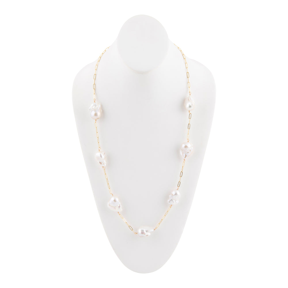 White Pearl Long Golden Necklace