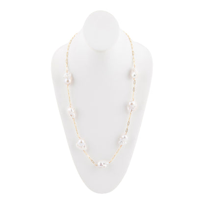 White Pearl Long Golden Necklace