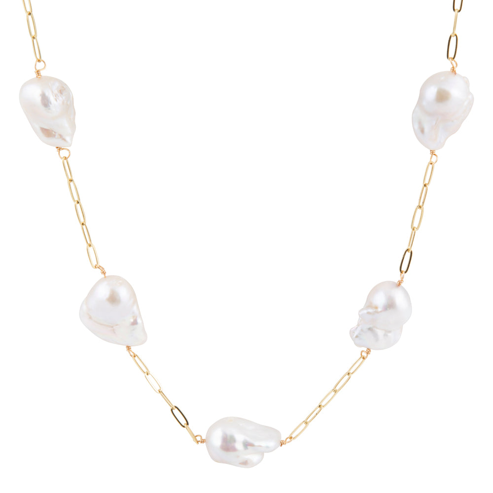 White Pearl Long Golden Necklace