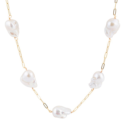 White Pearl Long Golden Necklace