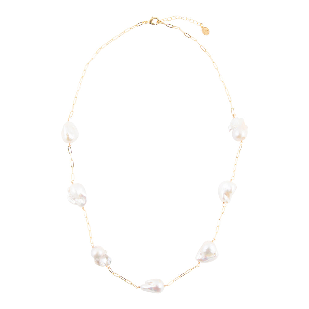 White Pearl Long Golden Necklace