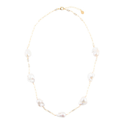 White Pearl Long Golden Necklace