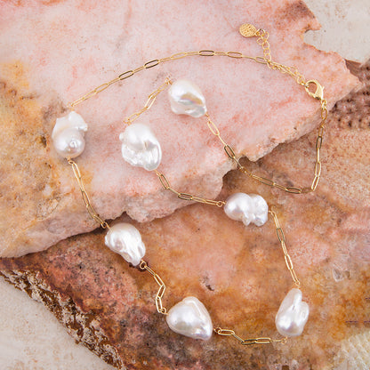 White Pearl Long Golden Necklace