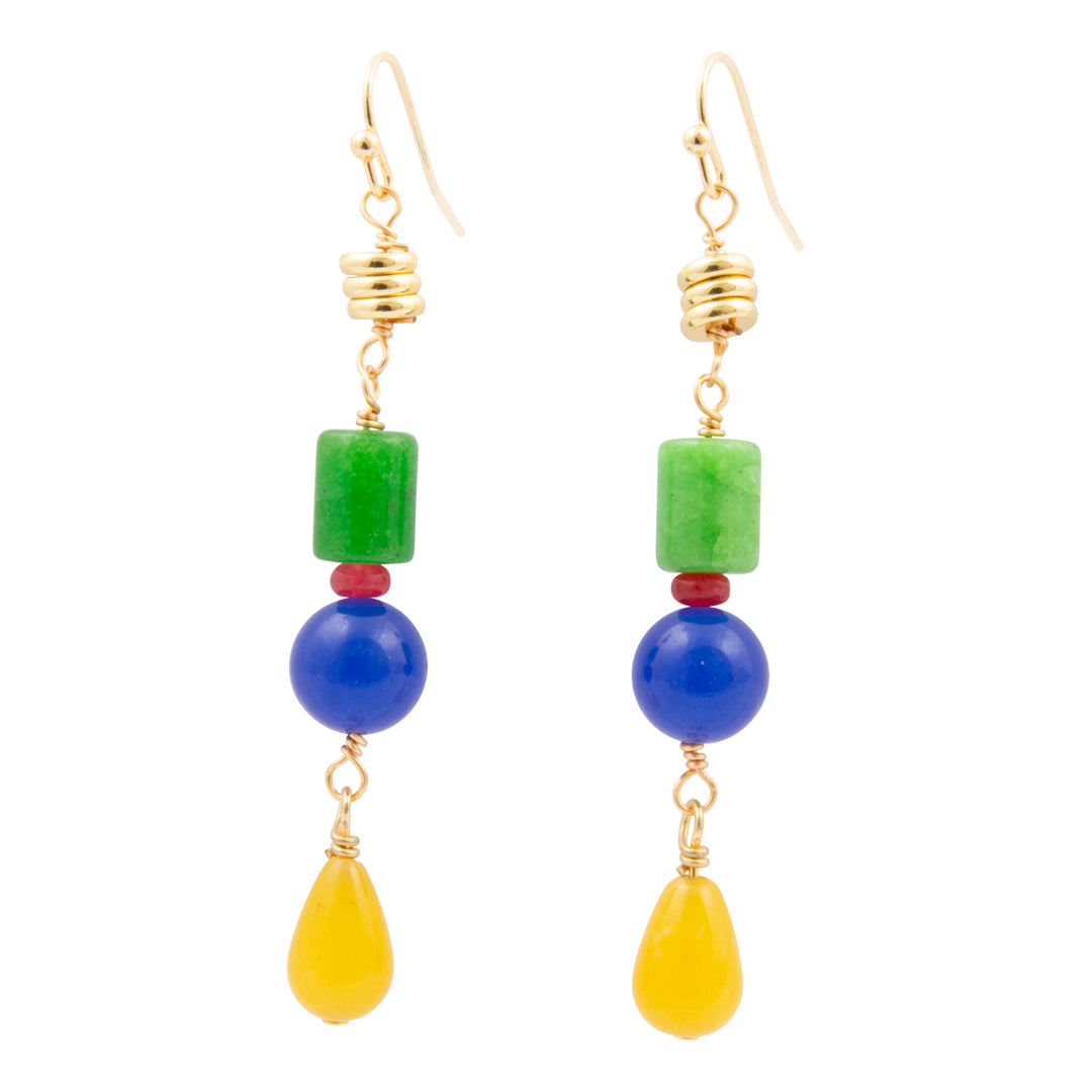 Pair of earrings with green, blue, and yellow beads on a white background