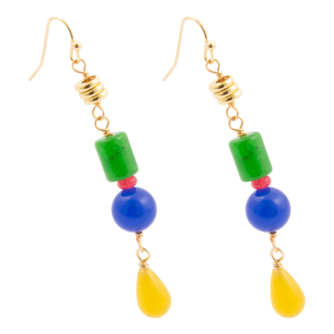 Pair of earrings with green, blue, and yellow beads on a white background
