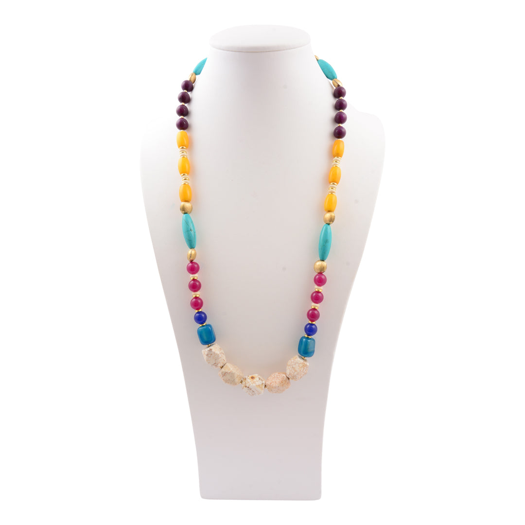 Colorful beaded necklace on a white mannequin bust