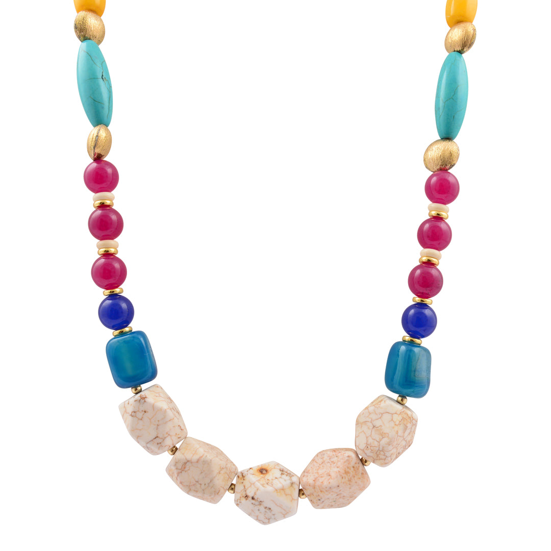 Necklace with multicolored beads on a white background