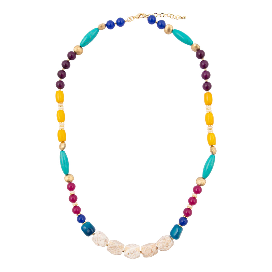Colorful beaded necklace on a white background