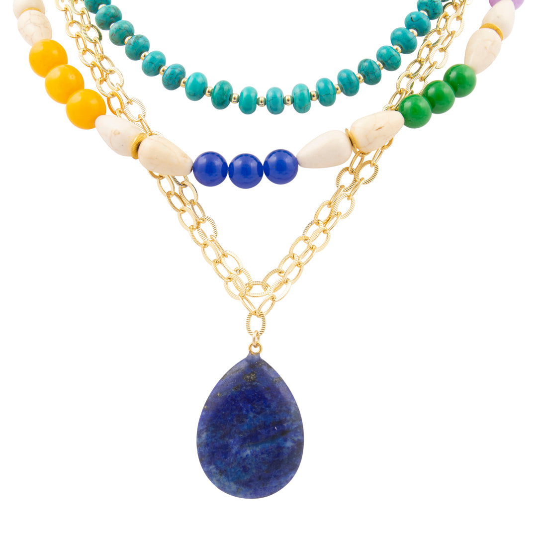 Multistrand necklace with colorful beads and a blue pendant on a white background