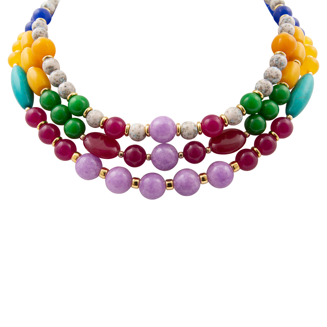 Colorful beaded necklace with various beads on a white background