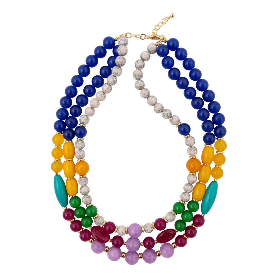 Multicolored beaded necklace on a white background