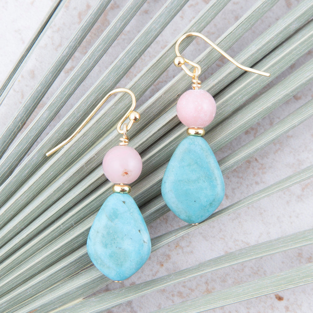 Cactus Rose Pink Opal Magnesite Golden Drop Earrings
