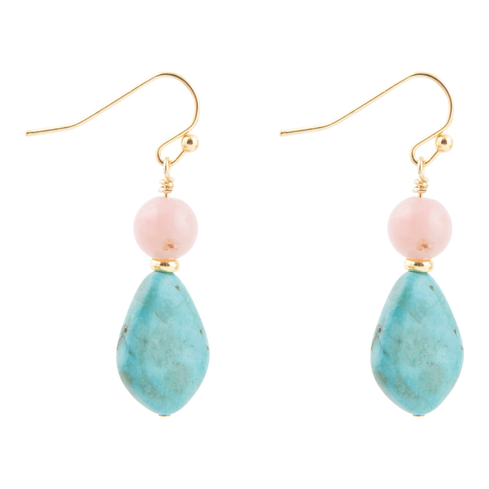 Pair of earrings with pink and blue stones on a white background