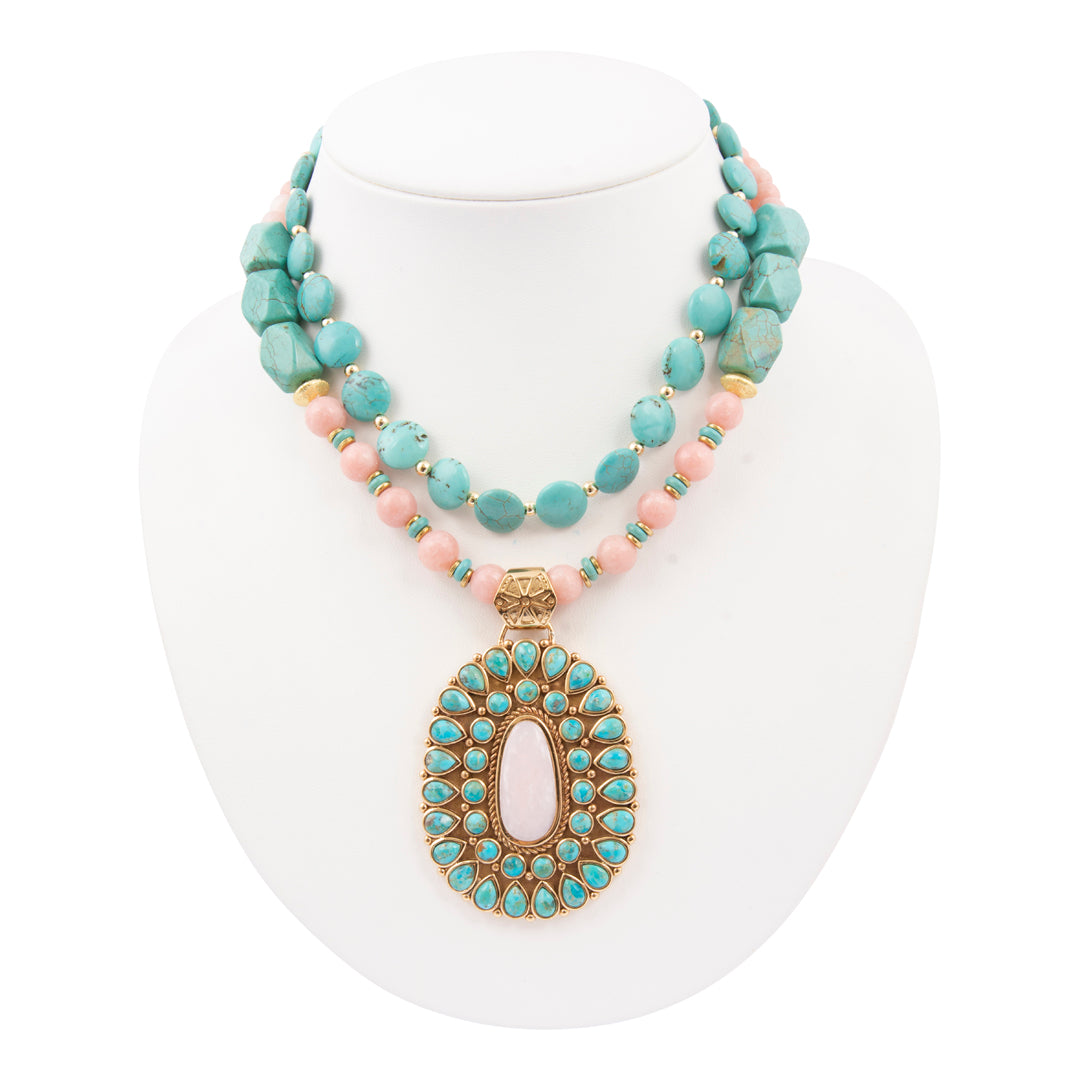 Cactus Rose Pink Opal and Blue Turquoise Golden Statement Necklace