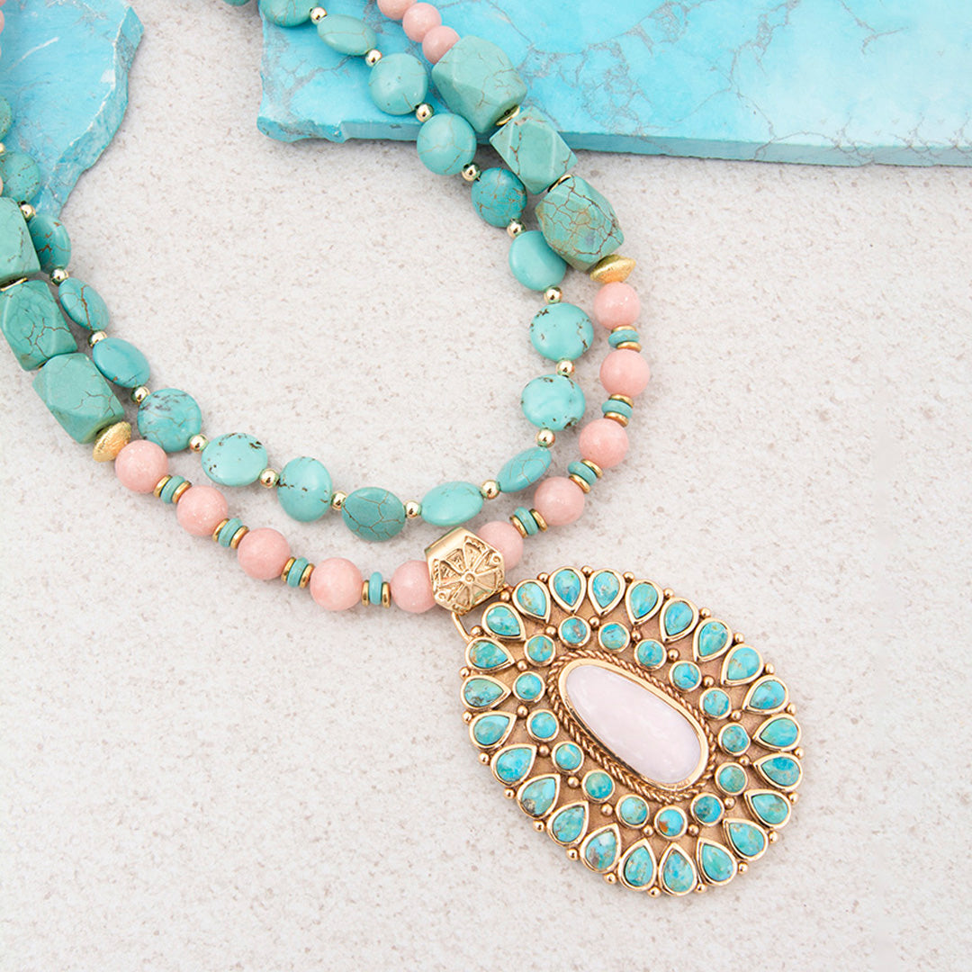 Cactus Rose Pink Opal and Blue Turquoise Golden Statement Necklace