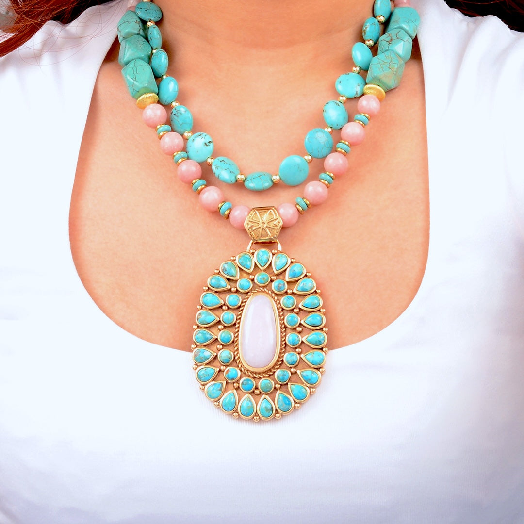 Necklace with turquoise and pink beads on a white background