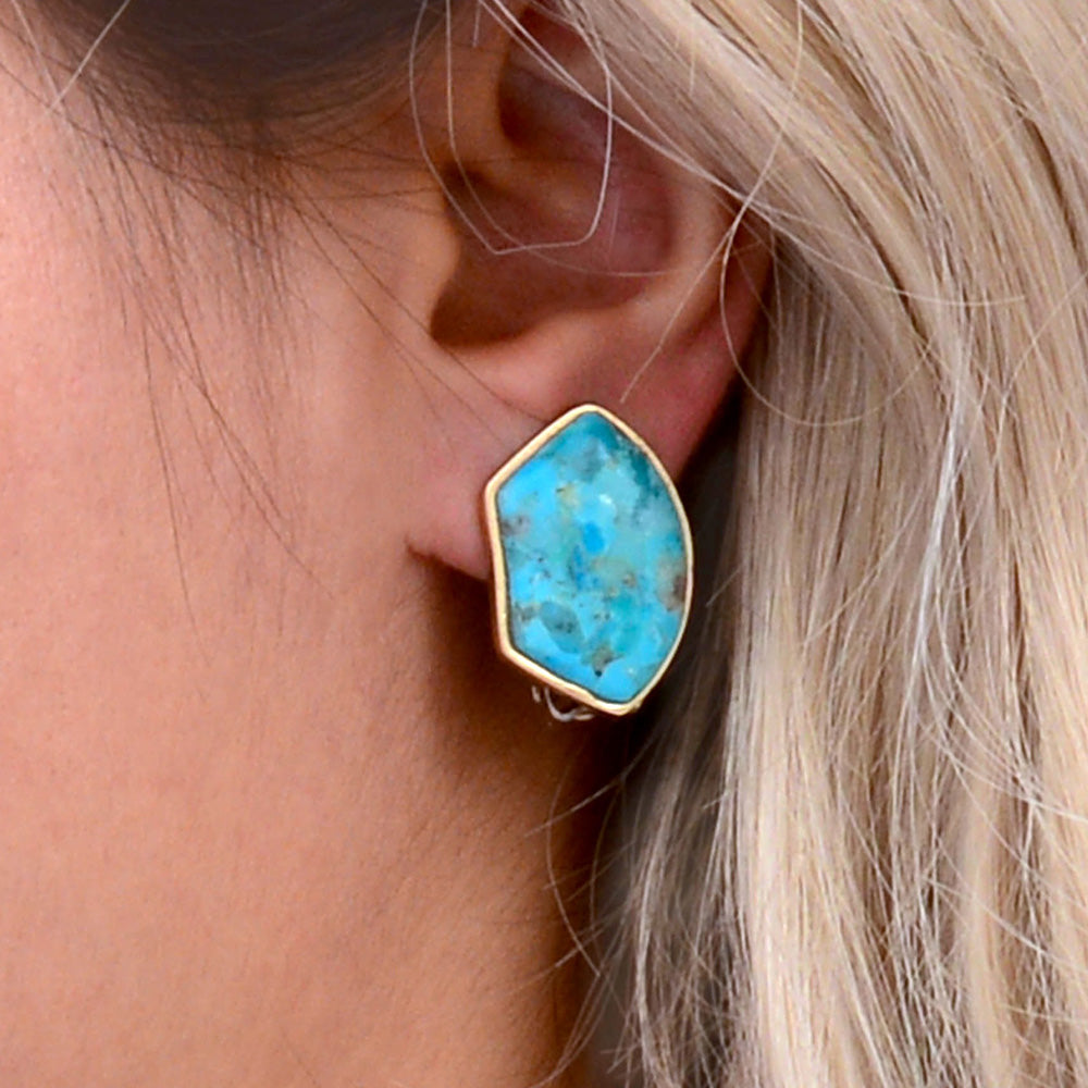 Blue Turquoise Golden Clip On Earrings
