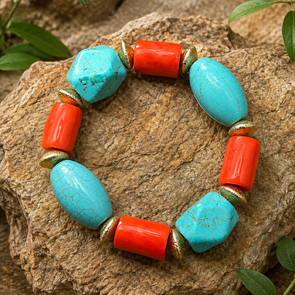 A beaded stretch bracelet featuring turquoise and coral beads with gold spacer rings, displayed on a textured brown rock with green leaves.