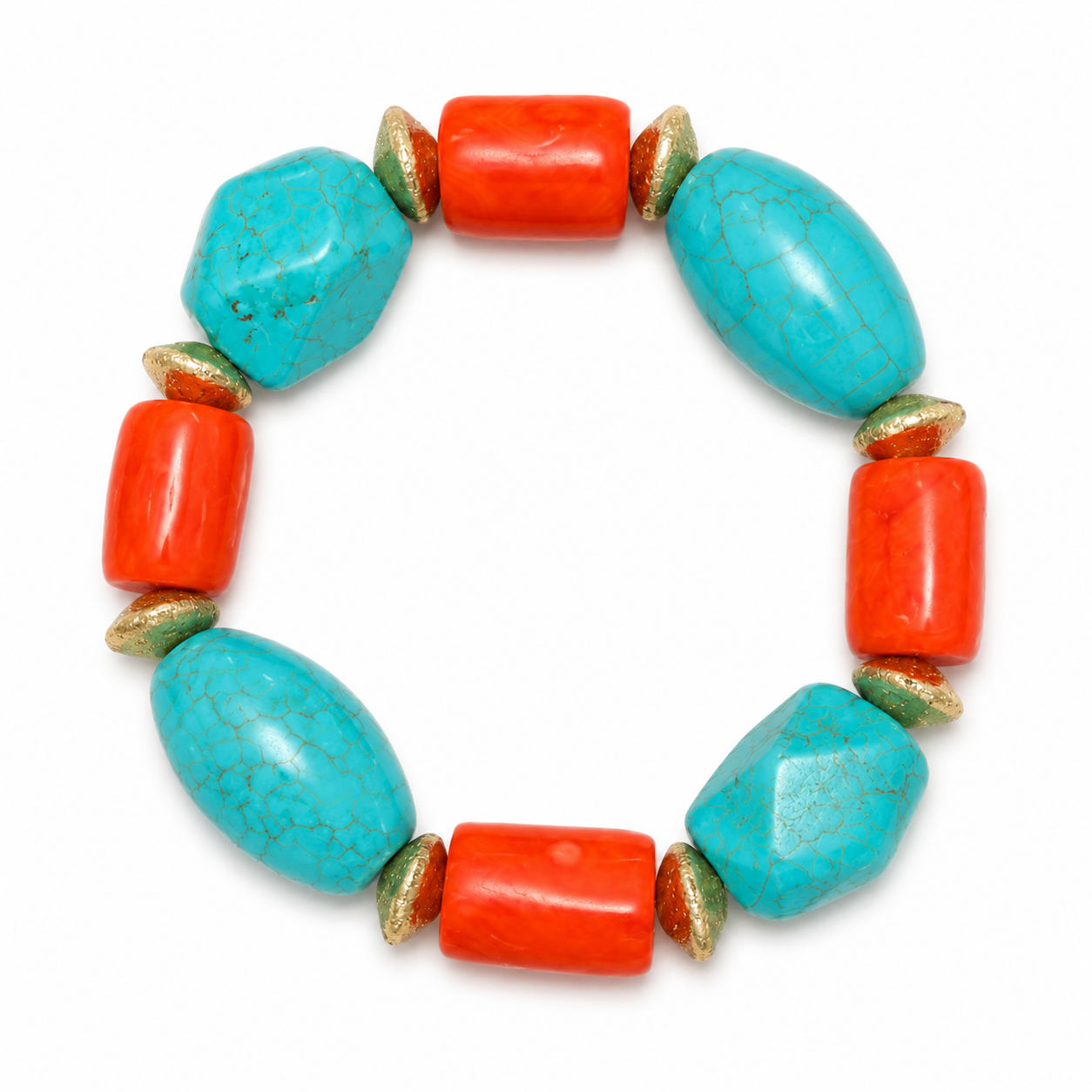 A beaded stretch bracelet featuring large turquoise-blue oval beads, bright coral-red cylindrical beads, and small metallic gold leaf-shaped spacer beads, arranged in a circle on a white background.