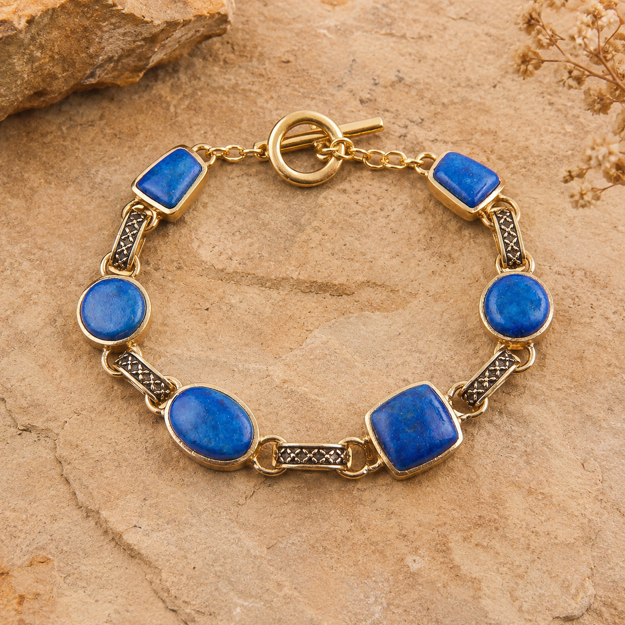 A gold-tone bracelet with six oval and rectangular blue lapis lazuli stones, displayed on a textured tan stone surface.