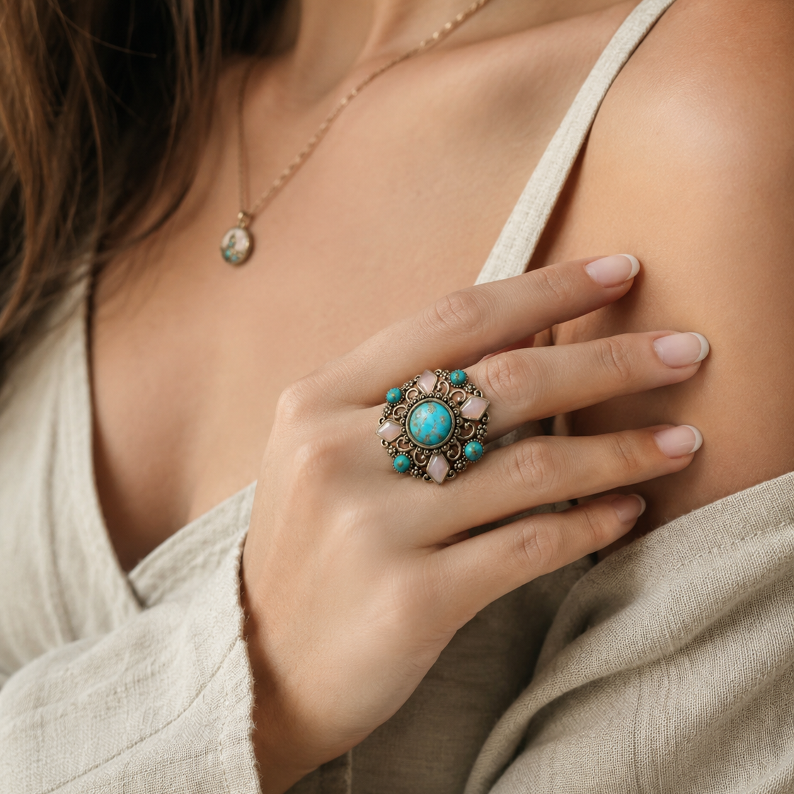 A close-up lifestyle shot of a woman wearing a large, ornate ring on her hand. The ring features a central turquoise-blue stone surrounded by a halo of pinkish-beige stones and bronze-toned metal.