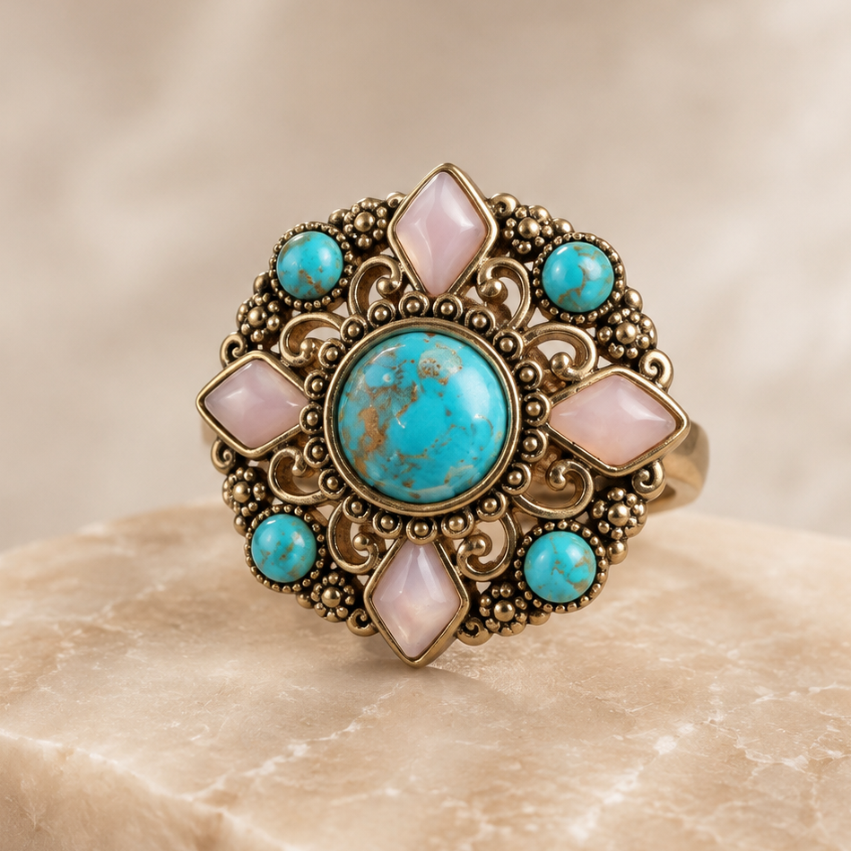 An ornate vintage-style ring with a central turquoise stone and surrounding pink and turquoise stones, displayed on a beige stone surface.