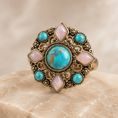 An ornate vintage-style ring with a central turquoise stone and surrounding pink and turquoise stones, displayed on a beige stone surface.