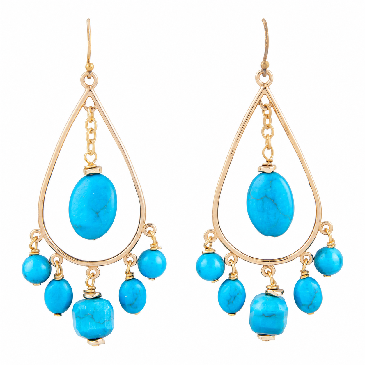 A pair of gold-tone dangle earrings with large oval turquoise blue stone centers and multiple smaller round and faceted blue beads hanging below, shown on a plain white background.