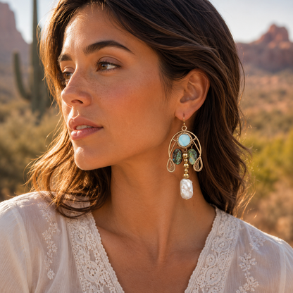A woman in a white lace top wearing a large gold-toned statement earring with a light blue stone, green stones, and a white drop bead, photographed outdoors against a desert landscape.
