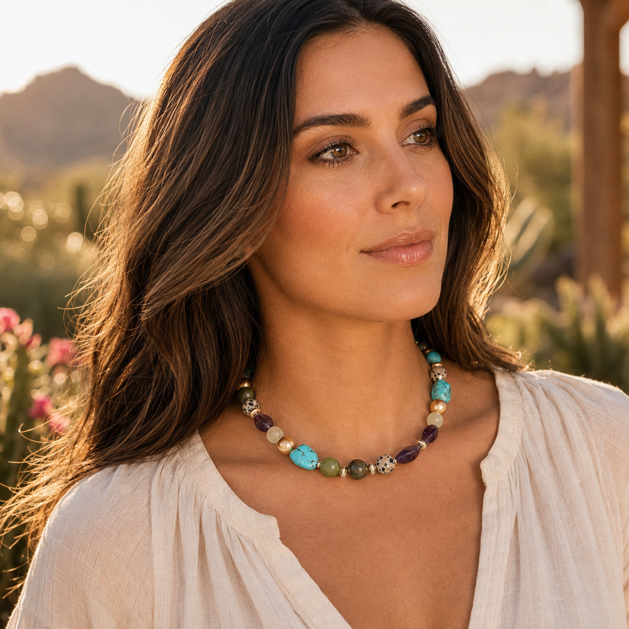 A woman with long brown hair wearing a colorful beaded necklace and a white blouse, photographed outdoors with a blurred desert landscape in the background.