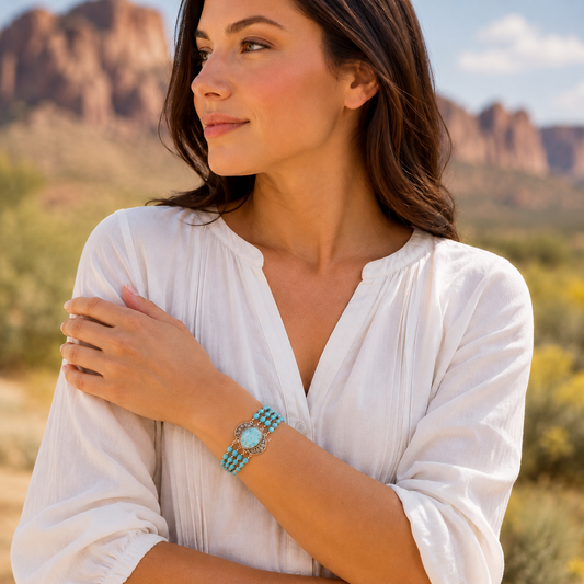 A woman wearing a turquoise and black checkered watch with a round turquoise face, posing outdoors in front of desert rock formations.