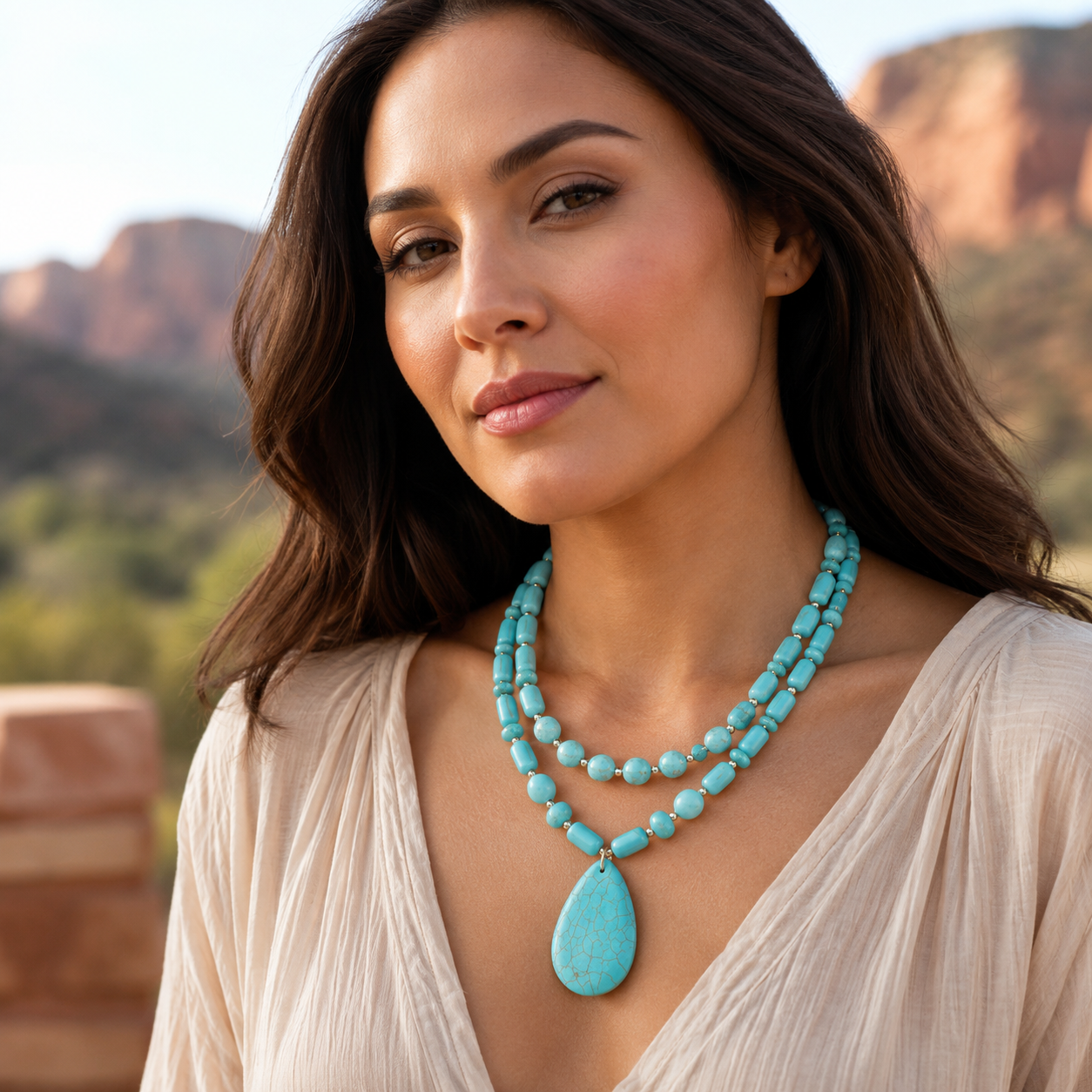 A woman wearing a double-strand turquoise beaded necklace with a large teardrop pendant, photographed outdoors against a blurred rocky desert background.