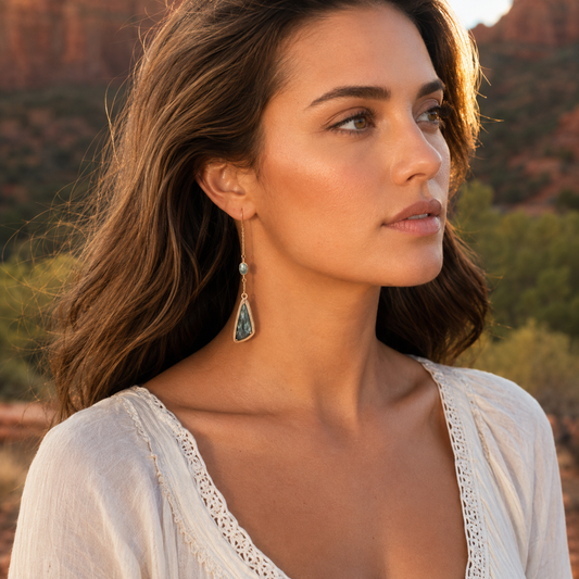 A woman in a white bohemian-style top wearing a long teardrop dangle earring with a blue-green stone and silver-toned metal, set against a warm desert canyon background.
