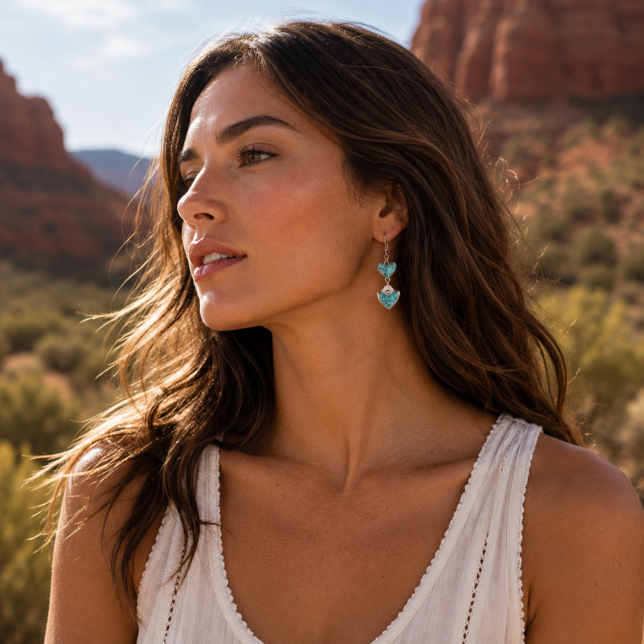 Blue Turquoise and Silver Heart Dangle Earrings