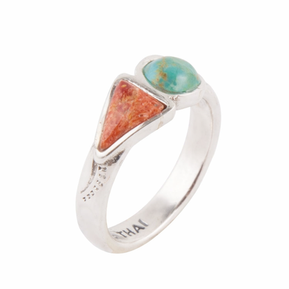 Blue Turquoise and Orange Coral Duo Silver Ring