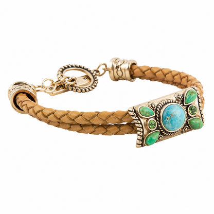 A braided tan leather bracelet with a gold-toned metal clasp and a decorative rectangular centerpiece featuring a round turquoise-blue stone surrounded by green stones, shown on a plain white background.