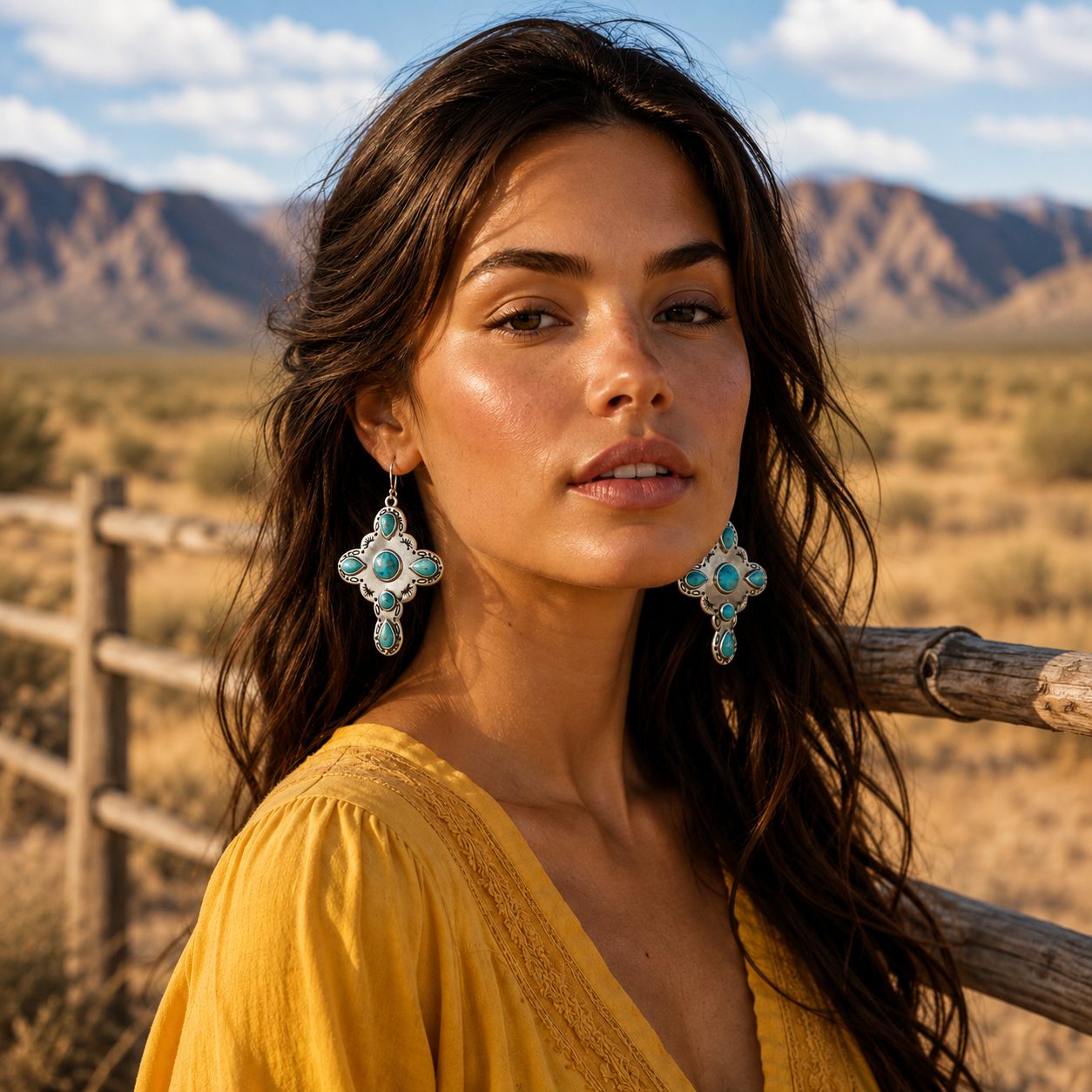 A woman outdoors in a desert landscape wearing large turquoise and silver cross-shaped dangle earrings and a yellow top.